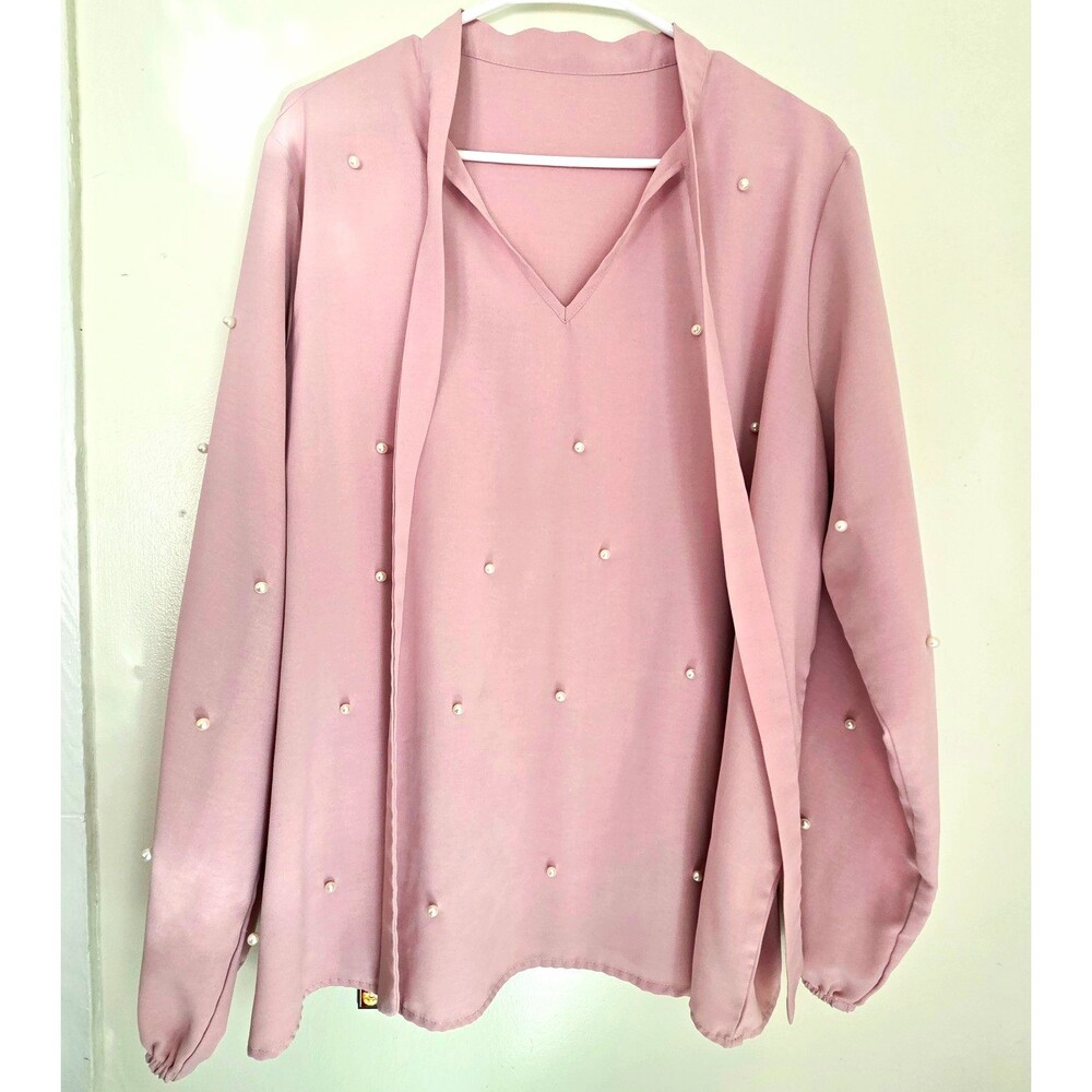 Solid Pink Chiffon V-Neck Long Sleeve Pullover Pearl Accent Blouse Women's 2XL